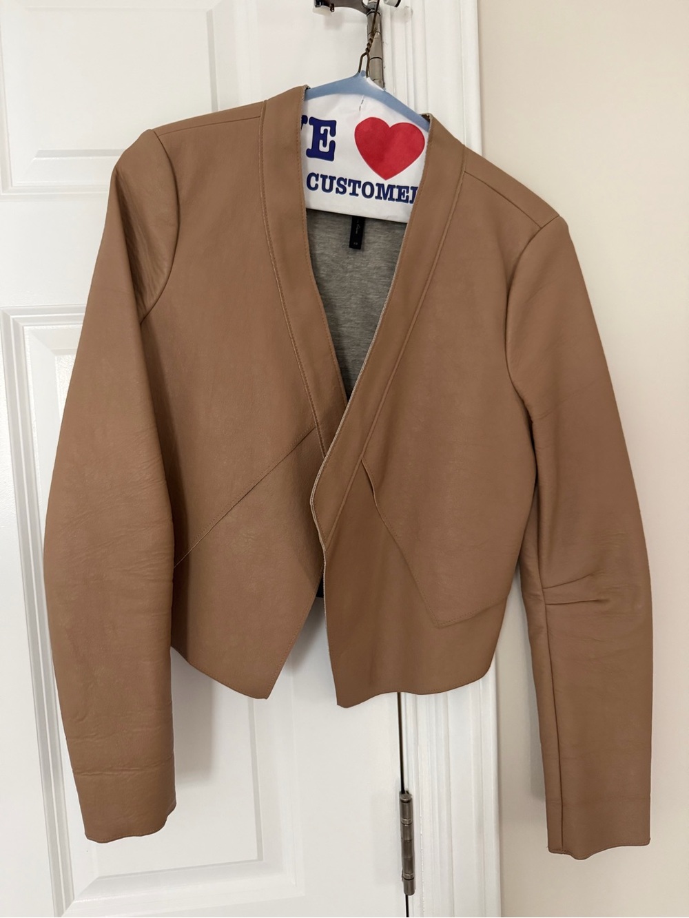 BCBG Womens Tan Leather Open-Front Jacket